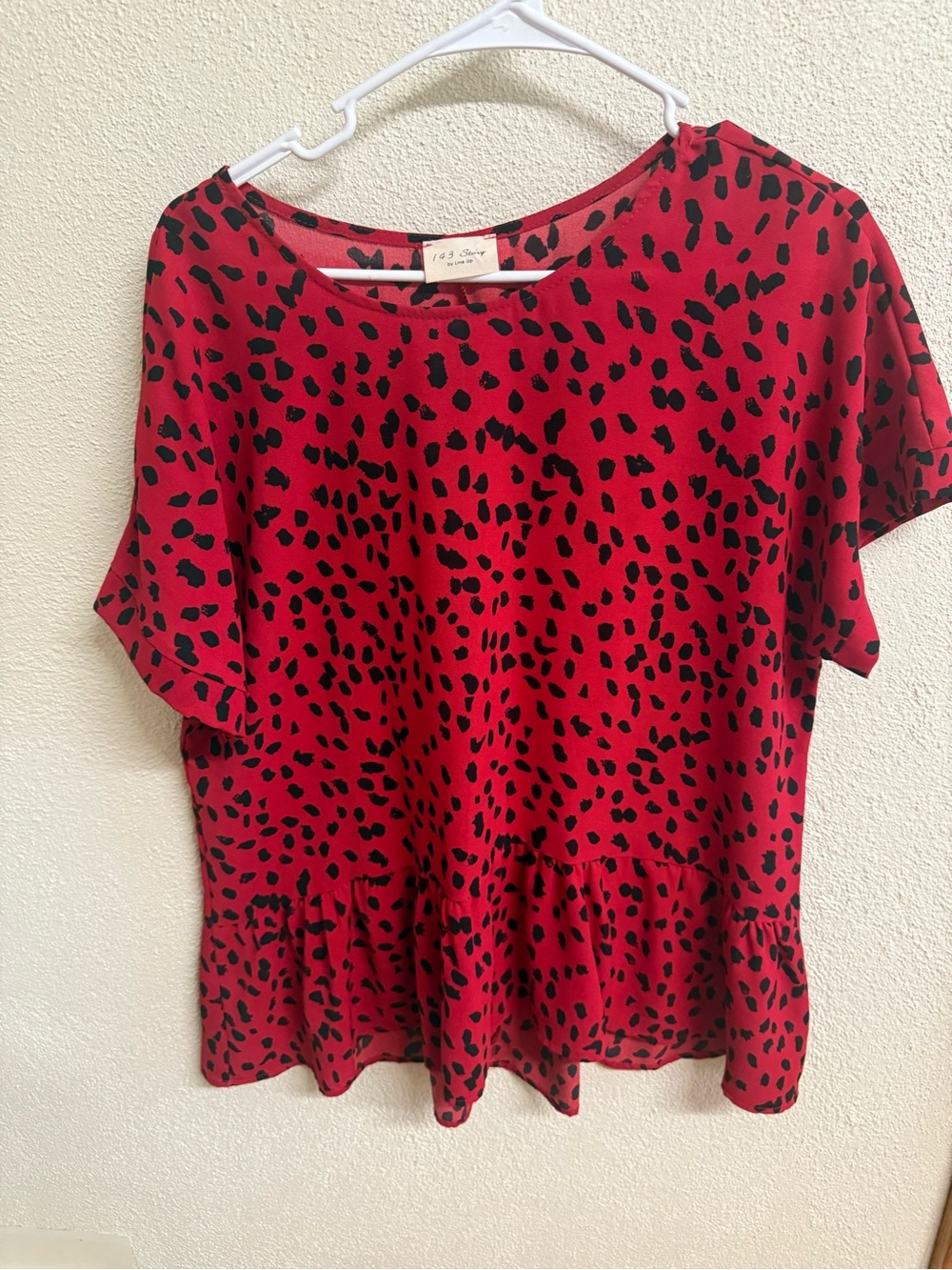 Red Short Sleeve Peplum Top with Black Spot Print